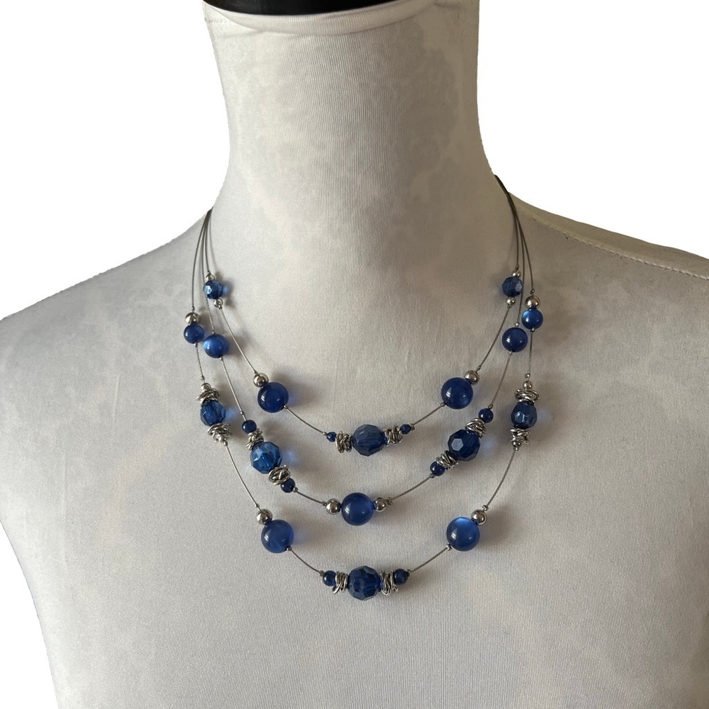 Elegant Triple Tier Blue and Silver Beaded Statement Necklace - Picture 2 of 3